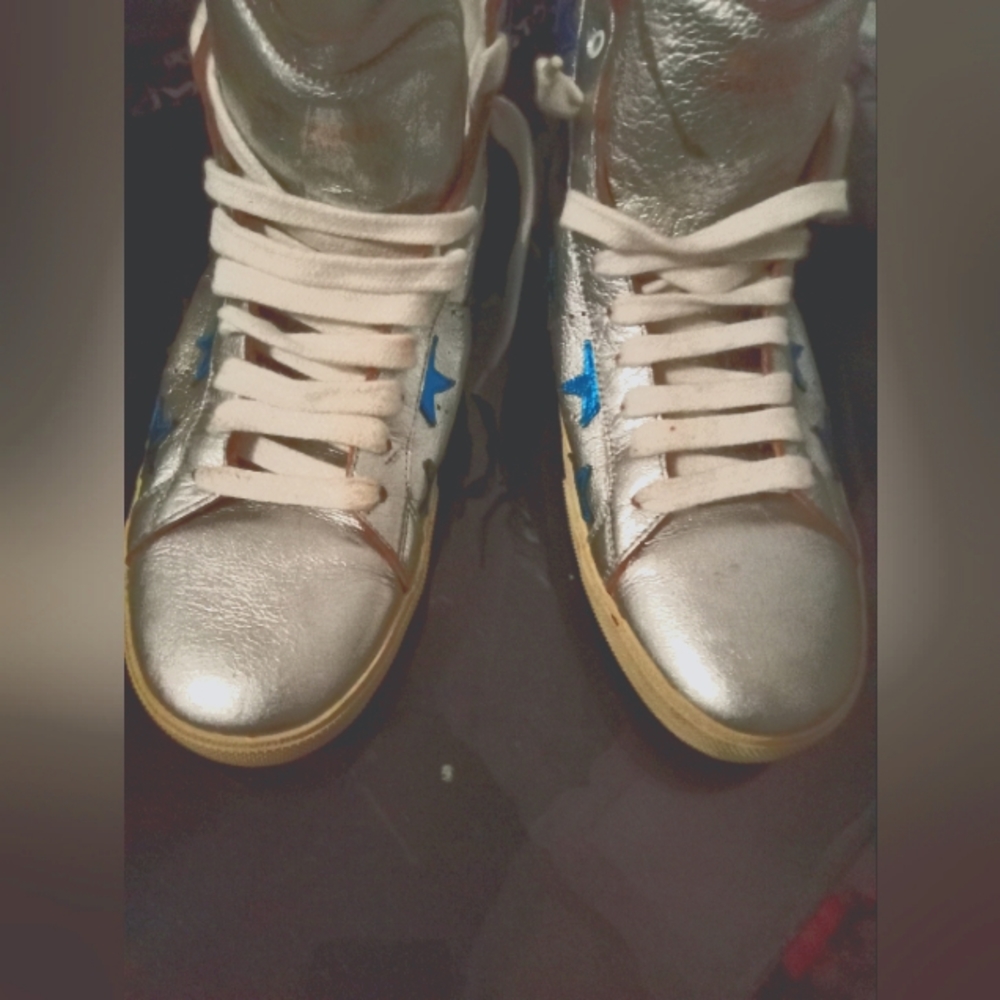 Saint Laurent Silver Blue Red Star Leather Hi Top Court Size:40 US Size:9.5-10